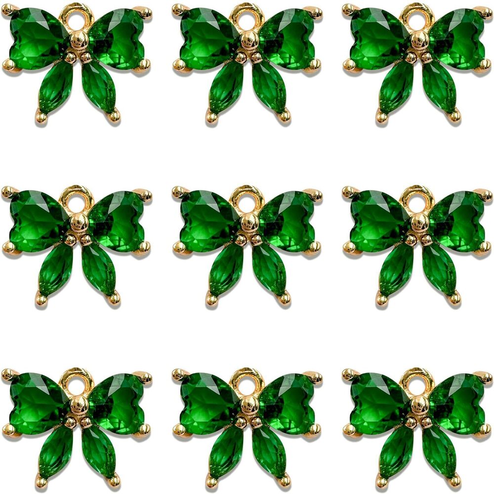 9208 9Pcs Zircon Bow Charms Green Crystal Rhinestone Bowtie Pendants Gold